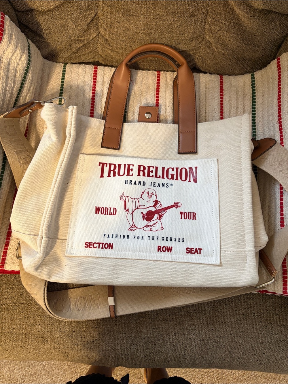 True Religion Cream Canvas Messenger Bag with Brown Leather Handles
